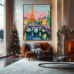 Paris Eiffel Tower and Bridge in Fauvist Artistic  Poster