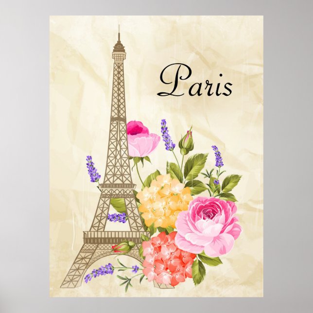 Paris Eiffel Tower and Flowers Poster (Front)