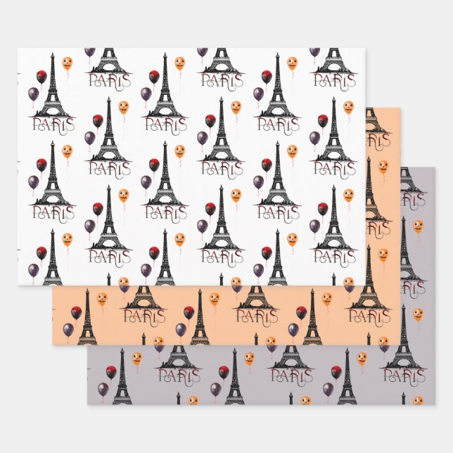Paris, Eiffel Tower and Halloween Balloons Gothic Wrapping Paper Sheet (Set)