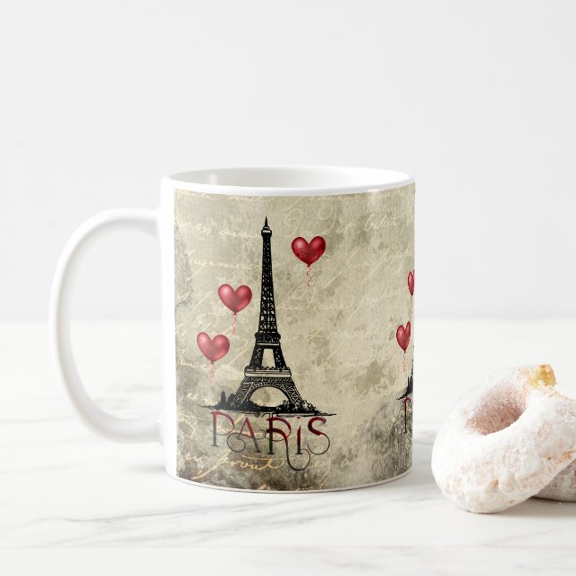 Paris, Eiffel Tower and Red Balloons Parchment Coffee Mug (With Donut)