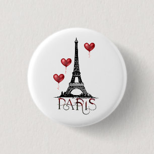 Paris, Eiffel Tower and Red Heart Balloons 3 Cm Round Badge