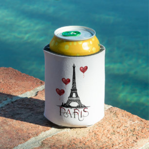 Paris, Eiffel Tower and Red Heart Balloons  Can Cooler