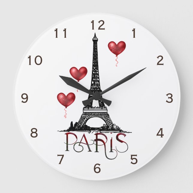 Paris, Eiffel Tower and Red Heart Balloons Large Clock (Front)