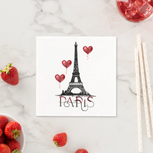Paris, Eiffel Tower and Red Heart Balloons Napkin