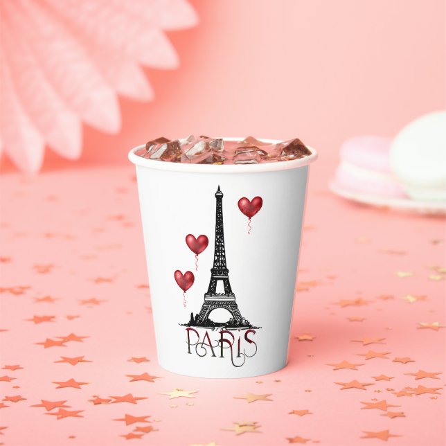 Paris, Eiffel Tower and Red Heart Balloons Paper Cups (Insitu)