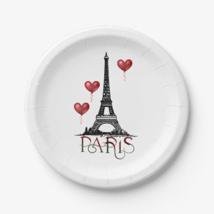 Paris, Eiffel Tower and Red Heart Balloons Paper Plate