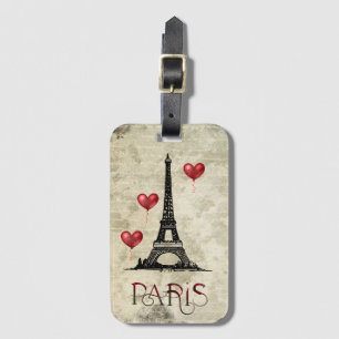Paris, Eiffel Tower and Red Heart Balloons Script Luggage Tag