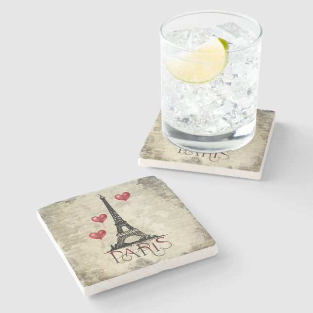 Paris, Eiffel Tower and Red Heart Balloons Script Stone Coaster (Side)