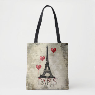 Paris, Eiffel Tower and Red Heart Balloons Script Tote Bag
