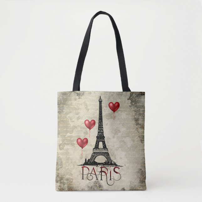 Paris, Eiffel Tower and Red Heart Balloons Script Tote Bag (Front)