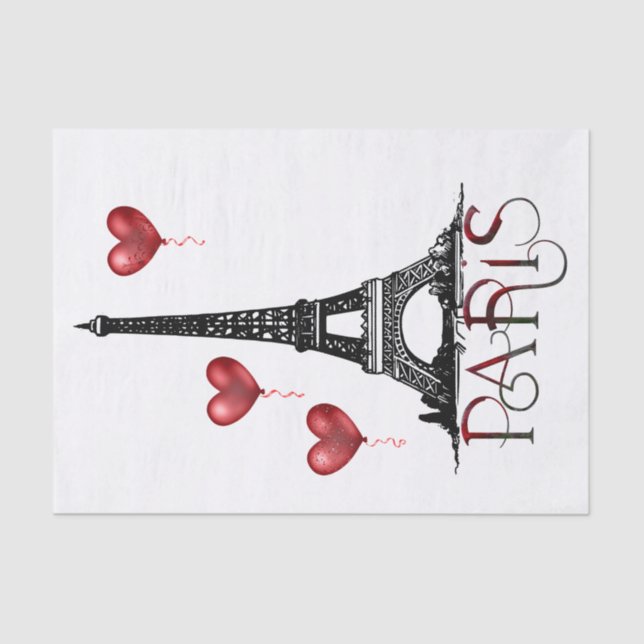 Paris, Eiffel Tower and Red Heart Balloons Tissue Paper (Front)