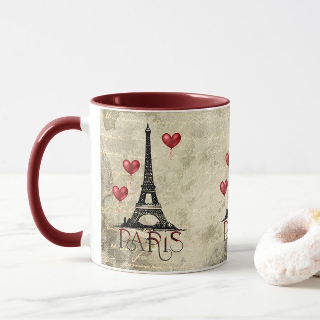 Paris, Eiffel Tower and Red Heart Parchment Mug (With Donut)
