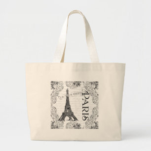 Paris Eiffel Tower and Scrolls Large Tote Bag