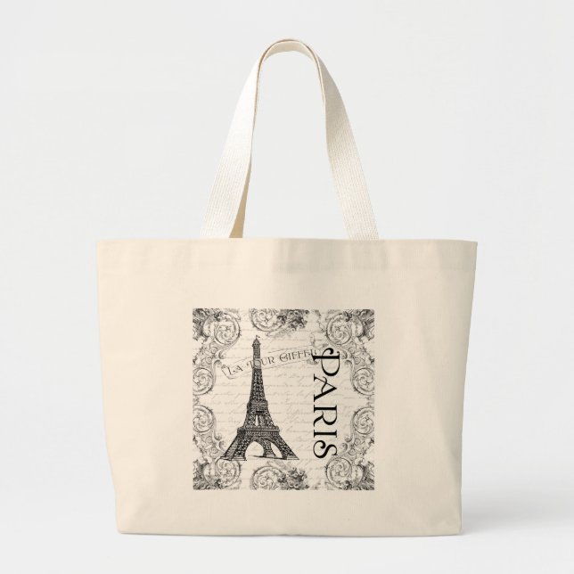 Paris Eiffel Tower and Scrolls Large Tote Bag (Front)