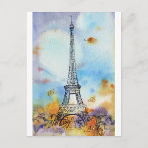 Paris Eiffel Tower Autumn Watercolor Postcard