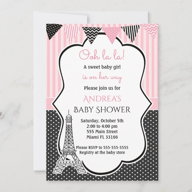 Paris Eiffel Tower Baby Girl Shower Invitation (Front)