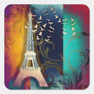 Paris Eiffel Tower bird swirl art square stickers