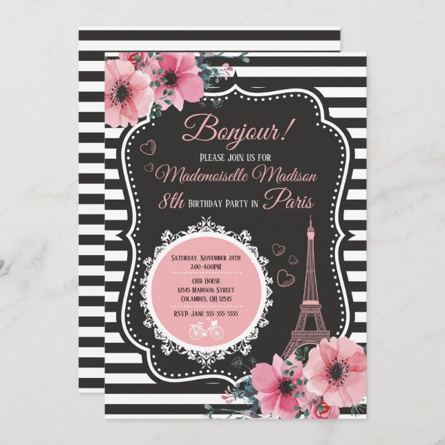 Paris Eiffel Tower Birthday Party Invitation (Front/Back)