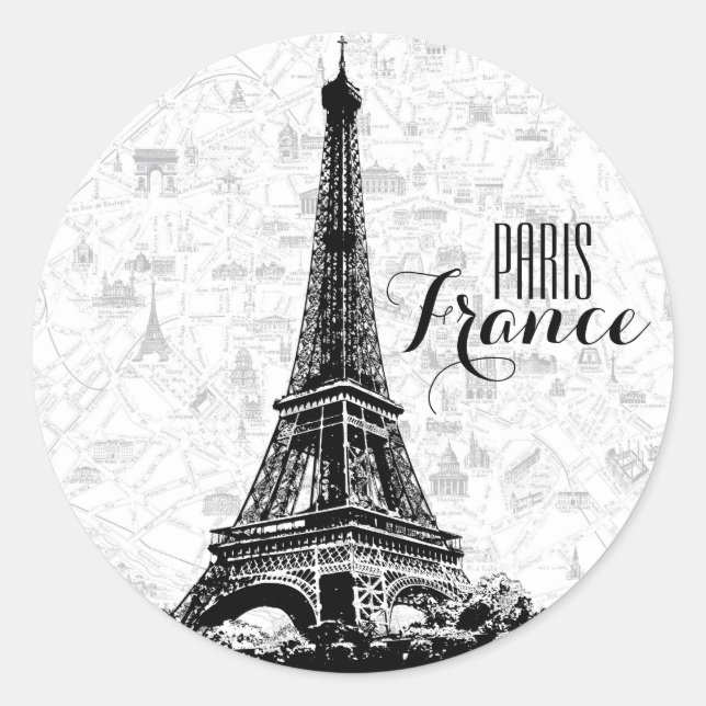 Paris Eiffel Tower Black and White Classic Round Sticker (Front)