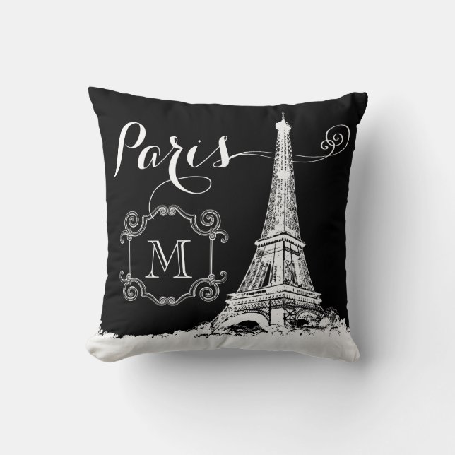 Paris Eiffel Tower Black and White Monogrammed Cushion (Front)