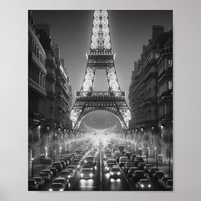 Paris Eiffel Tower Black and White Travel Poster (Front)