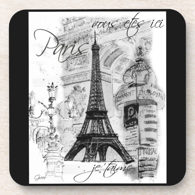 Paris Eiffel Tower Black & White Collage Coaster (Front)