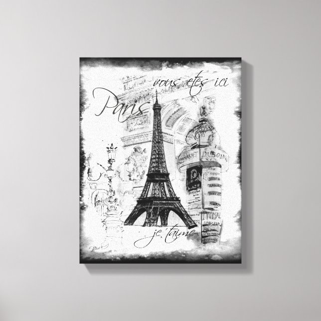 Paris Eiffel Tower Black & White Collage Scene Canvas Print (Front)