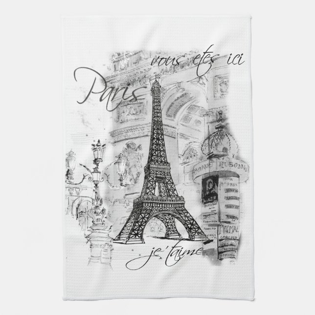 Paris Eiffel Tower Black & White Collage Scene Tea Towel (Vertical)