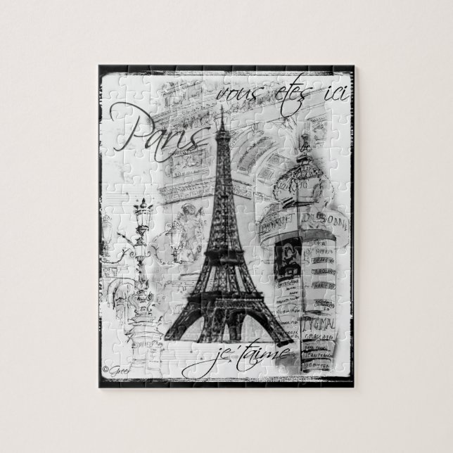 Paris Eiffel Tower Black & White Collage Street Sc Jigsaw Puzzle (Vertical)