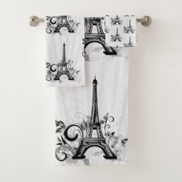 Paris Eiffel Tower Black White Elegant Flourish Bath Towel Set