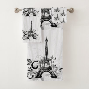 Paris Eiffel Tower Black White Elegant Flourish Bath Towel Set