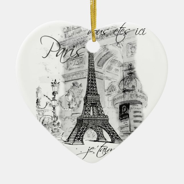 Paris Eiffel Tower Black & White Scene Ceramic Tree Decoration (Front)