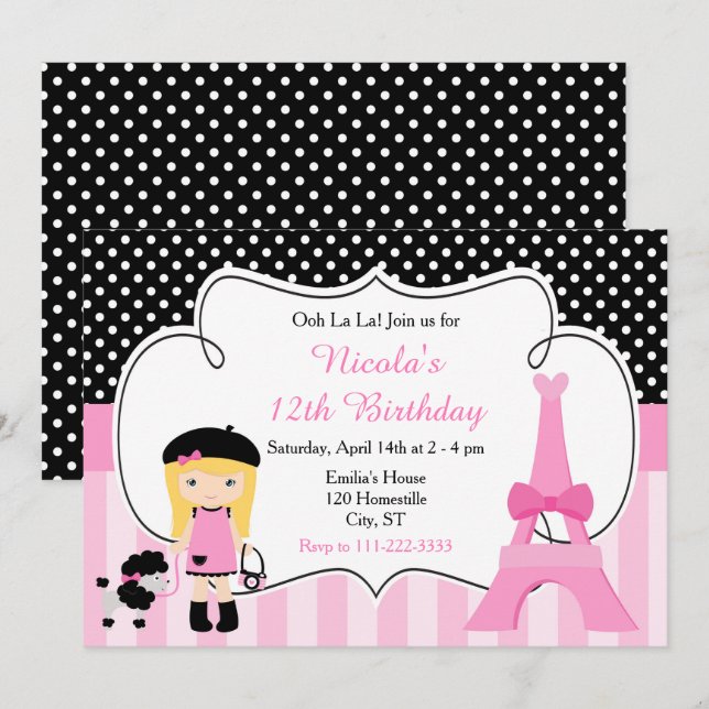 Paris Eiffel Tower Blonde Girl  Birthday Party Invitation (Front/Back)