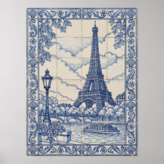 Paris Eiffel Tower Blue Portuguese Azulejo Art Poster