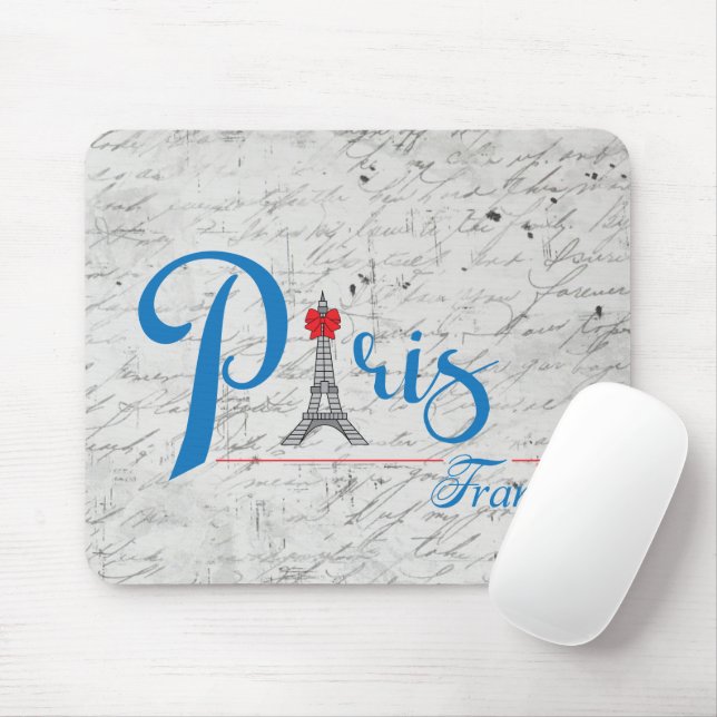 Paris Eiffel Tower Blue Text Bow Mouse Mat (With Mouse)