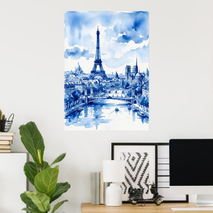 Paris Eiffel Tower Blue Watercolour Poster Franc