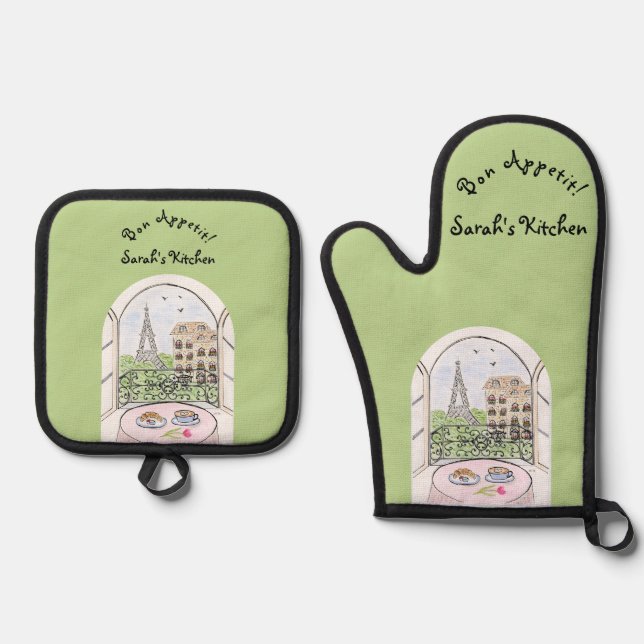 Paris Eiffel Tower Bon Appetit PERSONALIZE  Oven Mitt & Pot Holder Set (Front)