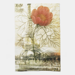 Paris eiffel tower botanical red poppy flower tea towel