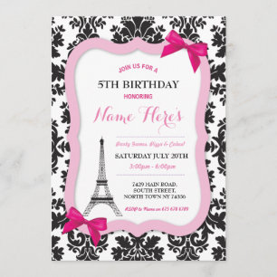 Paris Eiffel Tower Bow Damask Birthday Invite