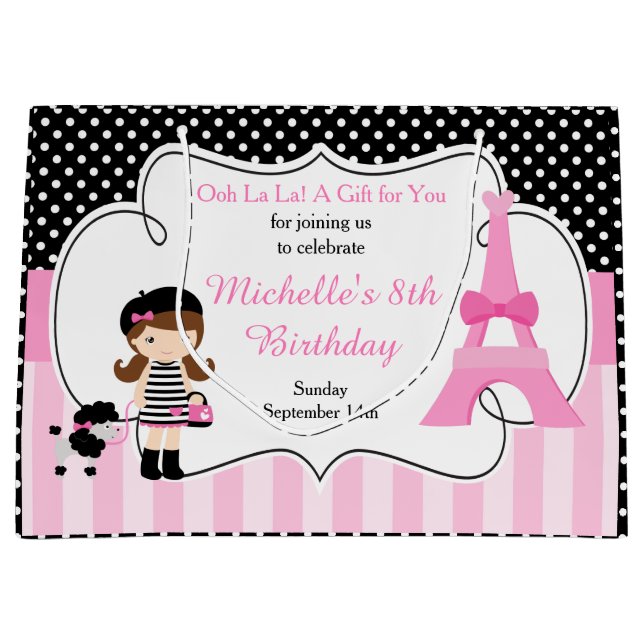Paris Eiffel Tower Brunette Girl Large Gift Bag (Front)