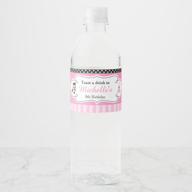 Paris Eiffel Tower Brunette Girl Water Bottle Label (Front)