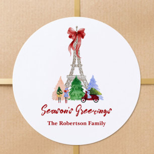 Paris Eiffel Tower Christmas Holiday Custom Classic Round Sticker