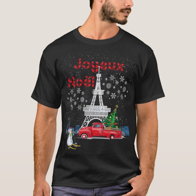 Paris Eiffel Tower Christmas Tree Red Truck T-Shirt (Front)