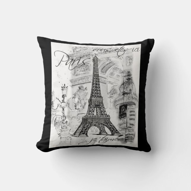 Paris Eiffel Tower Collage Black & White Cushion (Front)