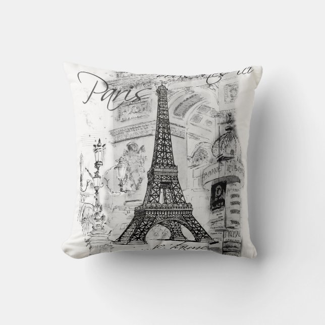 Paris Eiffel Tower Collage Black & White Cushion (Front)