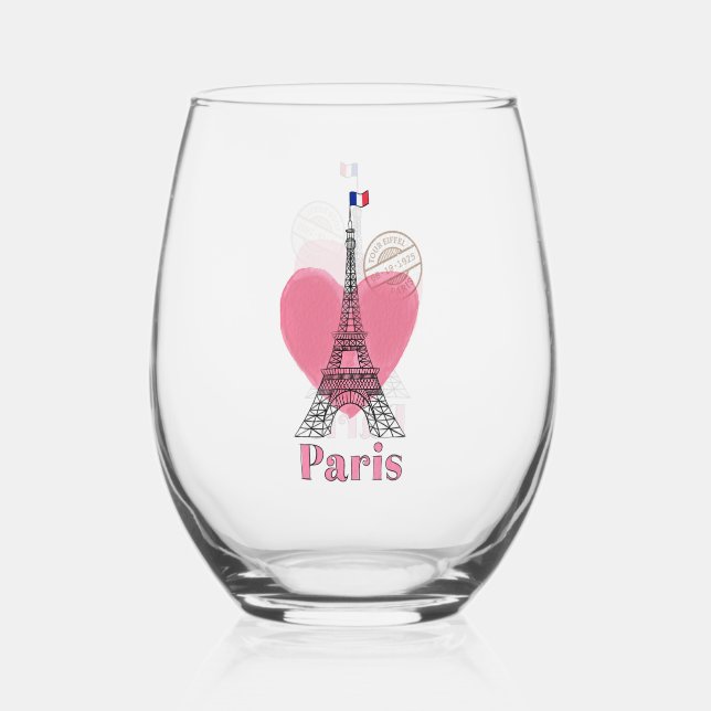 Paris Eiffel Tower Design Stemless Wine Glass (Front)