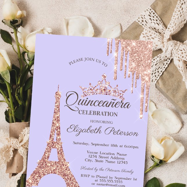 Paris Eiffel Tower,Drip Lavander Quinceañera  Invitation (Creator Uploaded)