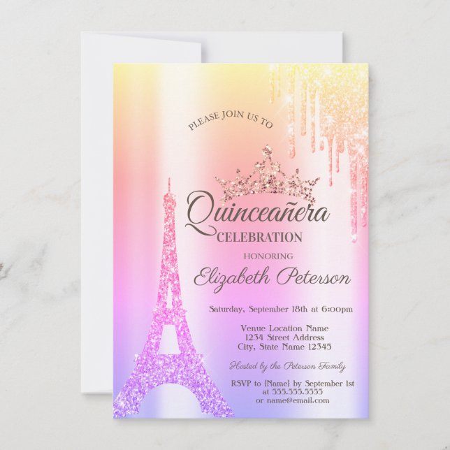 Paris Eiffel Tower,Drip Ombre Quinceañera  Invitation (Front)