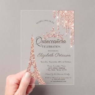 Paris Eiffel Tower,Drip Rose Gold Quinceañera  Acrylic Invitations