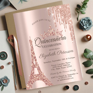 Paris Eiffel Tower,Drip Rose Gold Quinceañera  Invitation